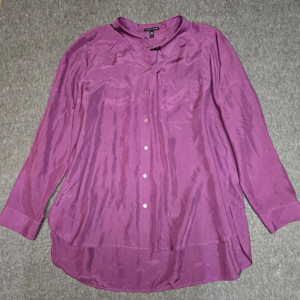 Eileen Fisher 100% Silk Tunic Shirt Womens L Purple High Low Button Down